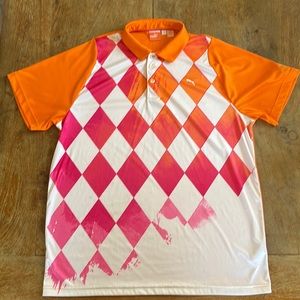 PUMA Rickie Fowler Orange Argyle Golf Polo Shirt Snowcreek XL Extra Large